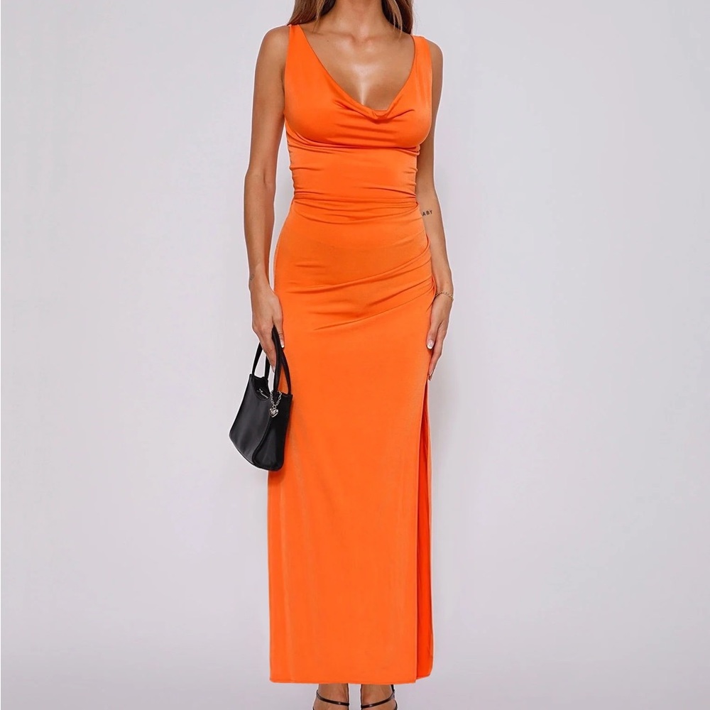 Tiger Mist Carissa Orange Maxi Dress Size M High Slit Cowl Neck